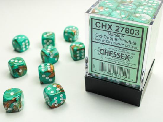 Marble 12mm d6 Oxi-Copper/white Dice Block (36 dice)