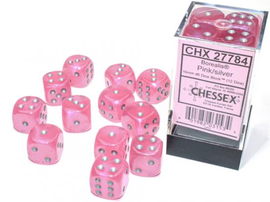 Borealis 16mm d6 Pink/silver Luminary Dice Block (12 dice)