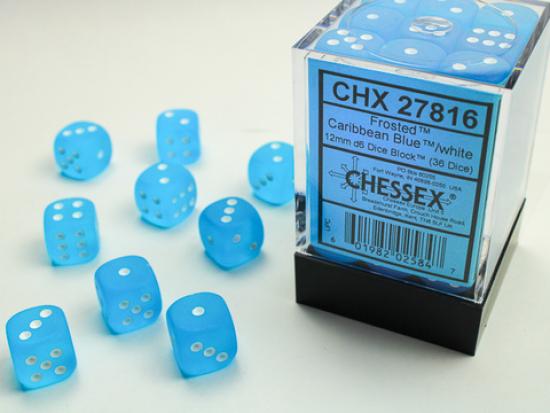 Frosted 16mm d6 Caribbean Blue/white Dice Block (12 dice)