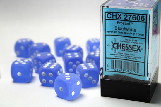 Frosted 16mm d6 Blue/white Dice Block (12 dice)