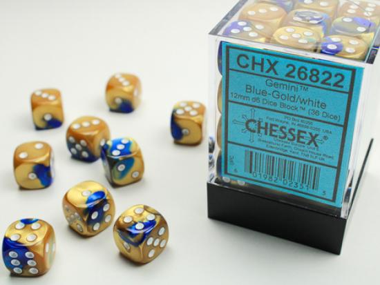 Gemini 12mm d6 Blue-Gold/white Dice Block (36 dice)
