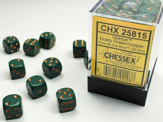 Opaque 12mm d6 Dusty Green/copper Dice Block (36 dice)