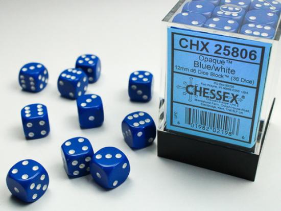 Opaque 12mm d6 Blue/white Dice Block (36 dice)