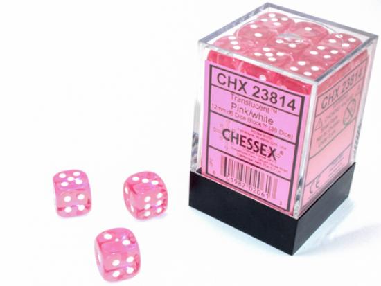 Translucent 12mm d6 with pips Dice Blocks (36 Dice) Pink w/white