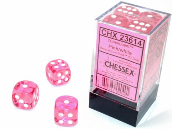 Translucent 16mm d6 with pips Dice Blocks  (12 Dice) Pink w/white