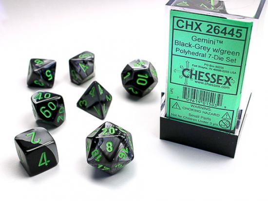 Black-Grey w/green Gemini Polyhedral 7-Die Sets