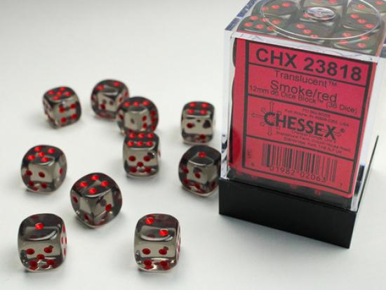 36 Smoke with Red Translucent 12mm D6 Dice