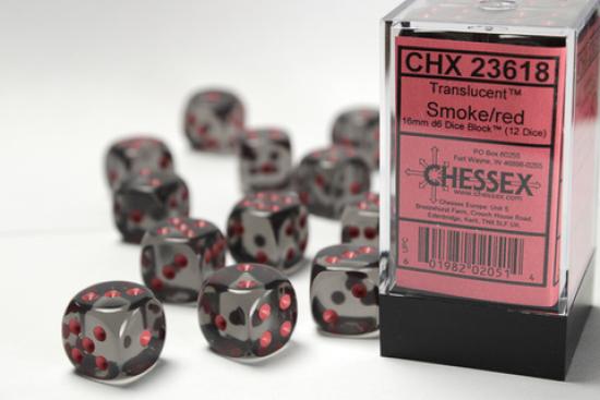 12 Smoke with Red Translucent 16mm D6 Dice