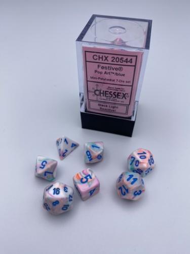 Festive Mini-Polyhedral Pop Art?/blue 7-Dice set