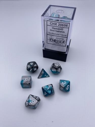 Gemini Mini-Polyhedral Steel-Teal/white 7-Dice Set