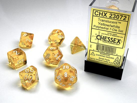 Yellow w/white Translucent Polyhedral 7-Die Sets
