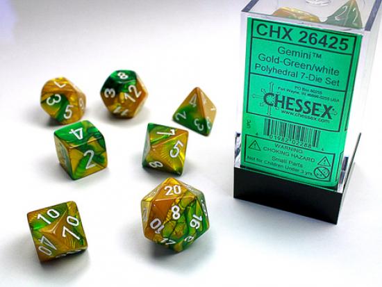 Gold-Green w/white Gemini Polyhedral 7-Die Sets