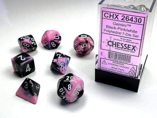 Black-Pink w/white Gemini Polyhedral 7-Die Sets