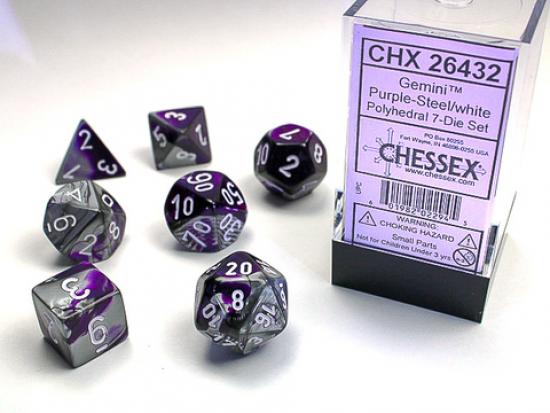 Purple-Steel w/white Gemini Polyhedral 7-Die Sets