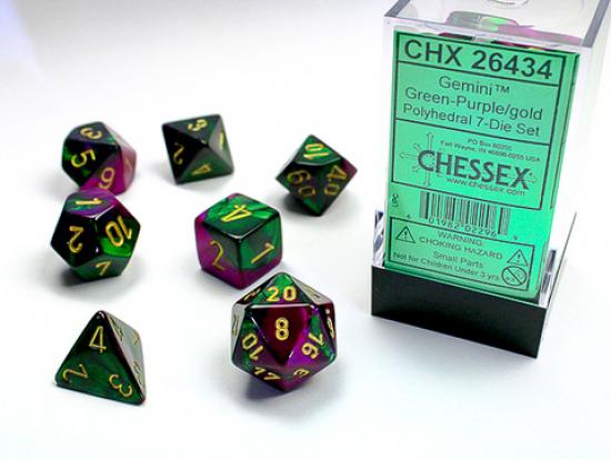 Green-Purple w/gold Gemini Polyhedral 7-Die Sets