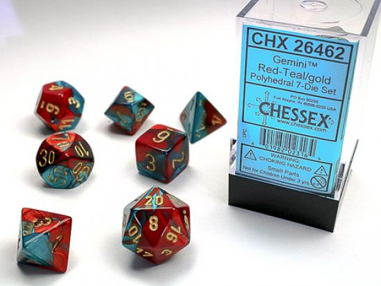 Red-Teal with gold Gemini Polyhedral 7-Die Sets