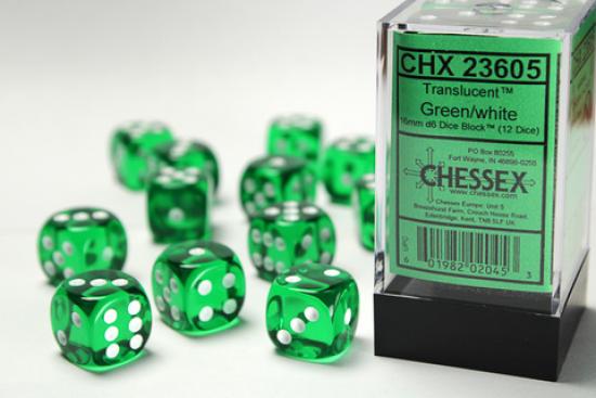 12 Green with white Translucent 16mm D6 Dice
