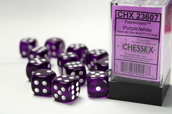 12 Purple with white Translucent 16mm D6 Dice