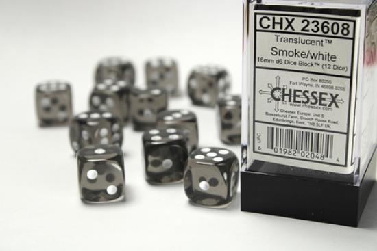 12 Smoke with white Translucent 16mm D6 Dice