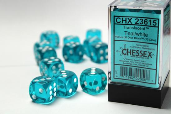 12 Teal with white Translucent 16mm D6 Dice