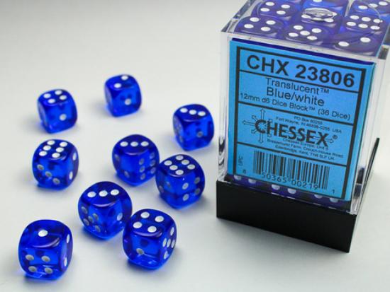 36 Blue with white Translucent 12 mm D6 Dice
