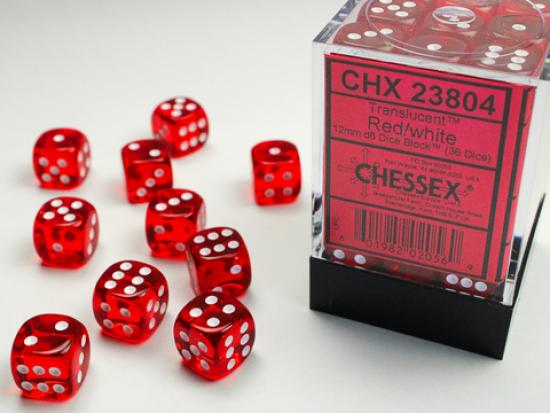 36 Red with white Translucent 12mm D6 Dice