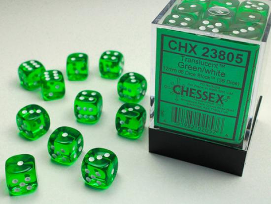 36 Green with white Translucent 12mm D6 Dice