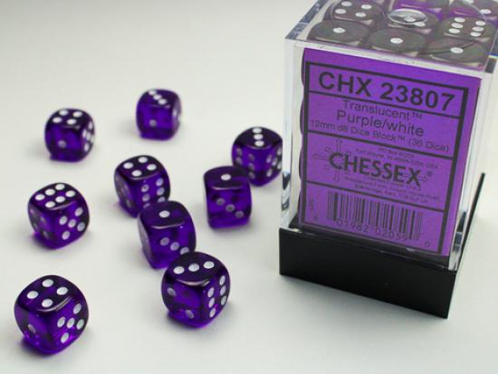 36 Purple with white Translucent 12mm D6 Dice
