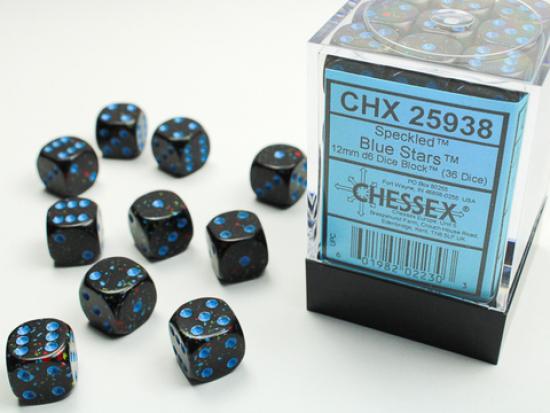 Speckled 12mm D6 Dice Blocks (36) Blue Stars