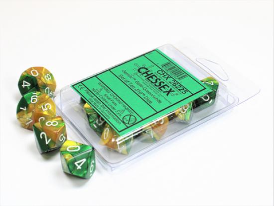 Gemini polyhedral gold-green w/white set of ten d10s